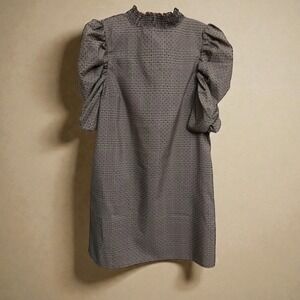 ZARA Womens Plaid Polka Dot Puff Sleeve Smocked Mock Neck Mini Shift Dress XS